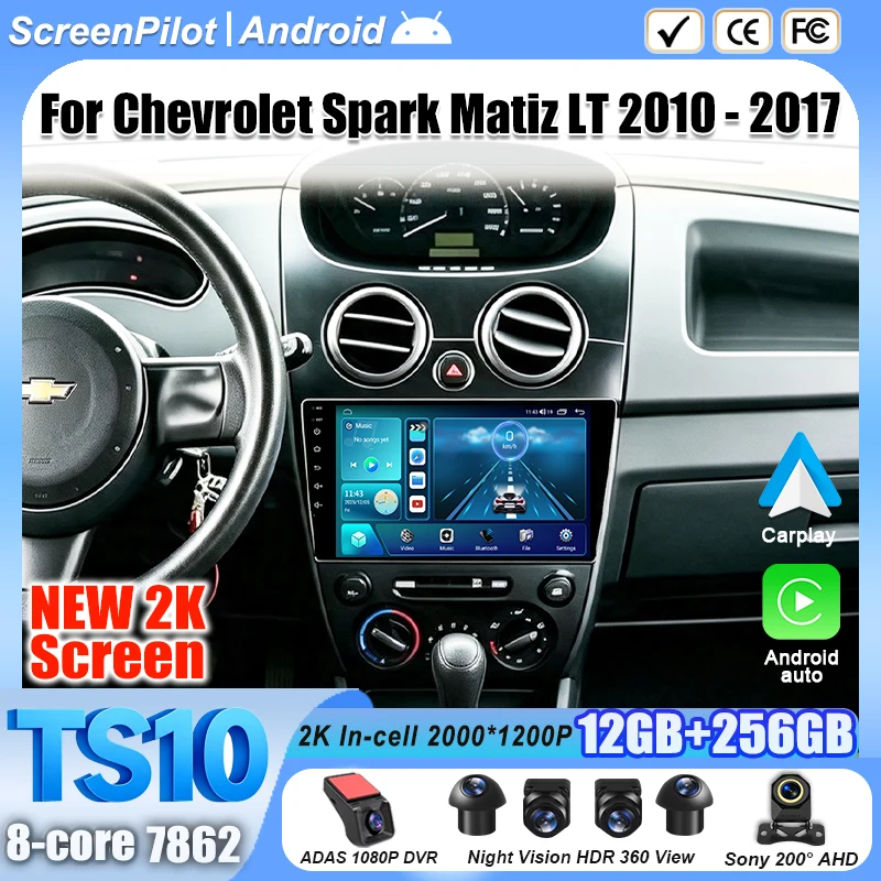 Android 16 For Chevrolet Spark Matiz LT 2010-2017 Car Radio Stereo Head Unit Multimedia Video Player GPS Navigation 2K QLED RDS