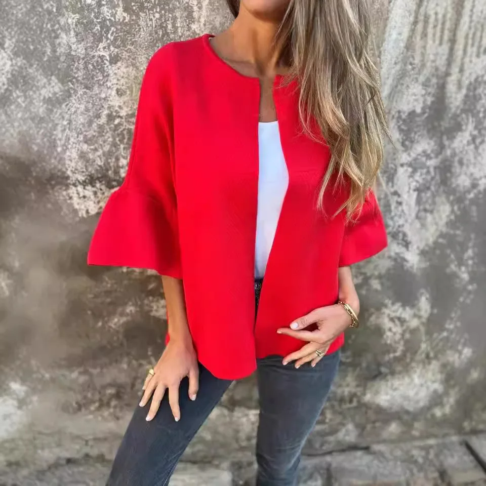 Amazon 2025 Autumn New Cross-border Fashion Women's Clothing Round Neck Seven-quarter Sleeve Short Cardigan Cw51816