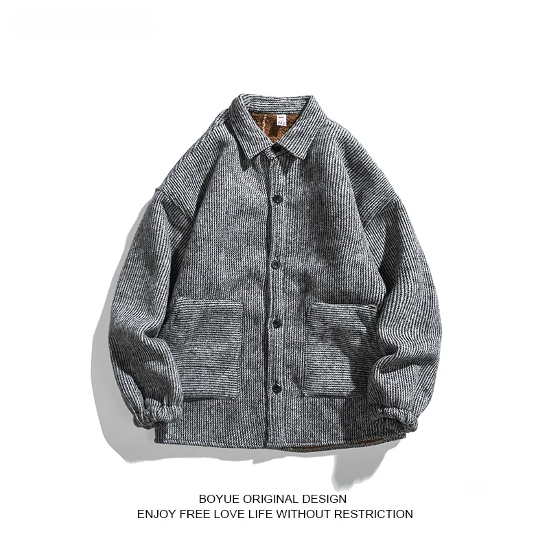 

BOYUE Men's Thiened Fce Lined Woolen Coat Autumn Winter Warm Retro Hong Sle Japanese Sle Trendy Cotton Jaet