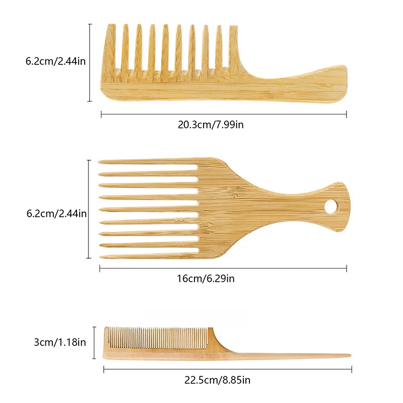 1 ชิ้นไม้ไผ่ธรรมชาติไม้หวีผม Anti - Static Afro ส้อมหวีสําหรับผู้หญิงรอบฟันกว้างหวีไม้