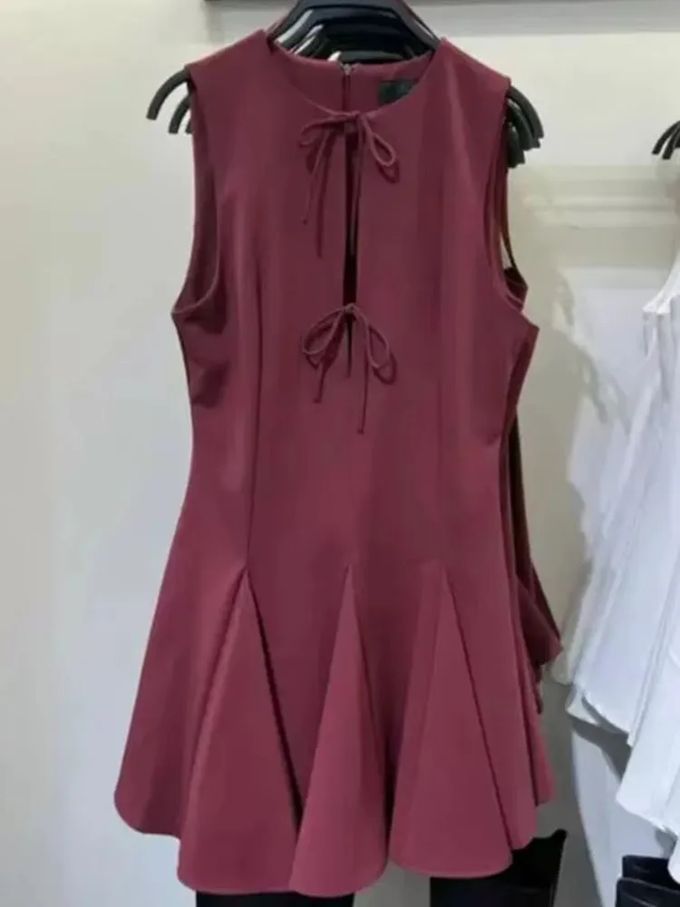 Women's Summer Fashion With Bow Casual Mini Dresses Solid Pleated Wide Hem Sleeveless Solid White Elegant Party Dresses