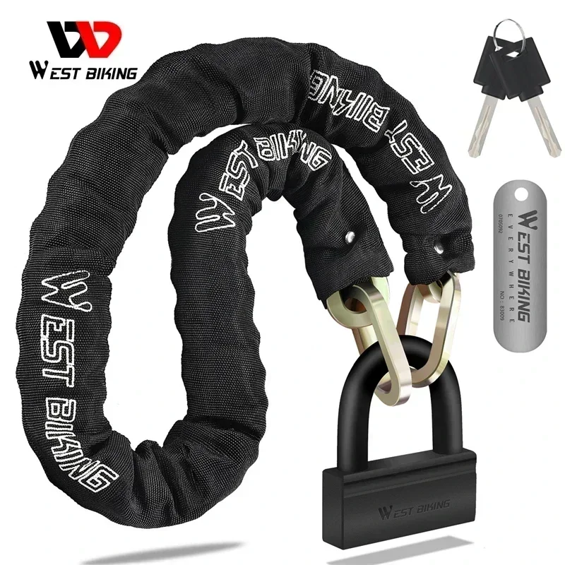 WEST BIKING 4KG Bike Lock Heavy Duty Anti-Theft Chain Lock With Padlock High Security Motorcycle E-Scooter Lock Two Coded Keys