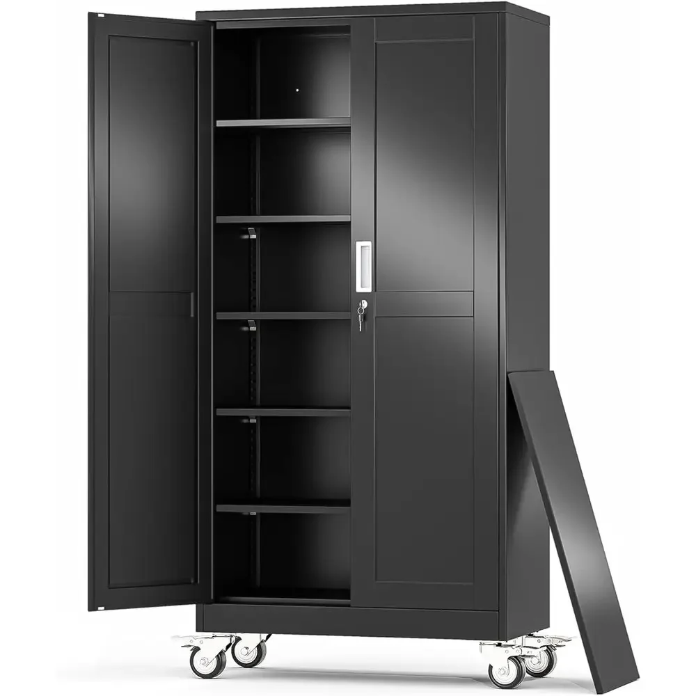 74 Tall Heavy-Duty Rolling Utility Cabinet with Lock, 5 Adjustable Shelves, Ideal for Garage, Office, or Gym Storage in Black