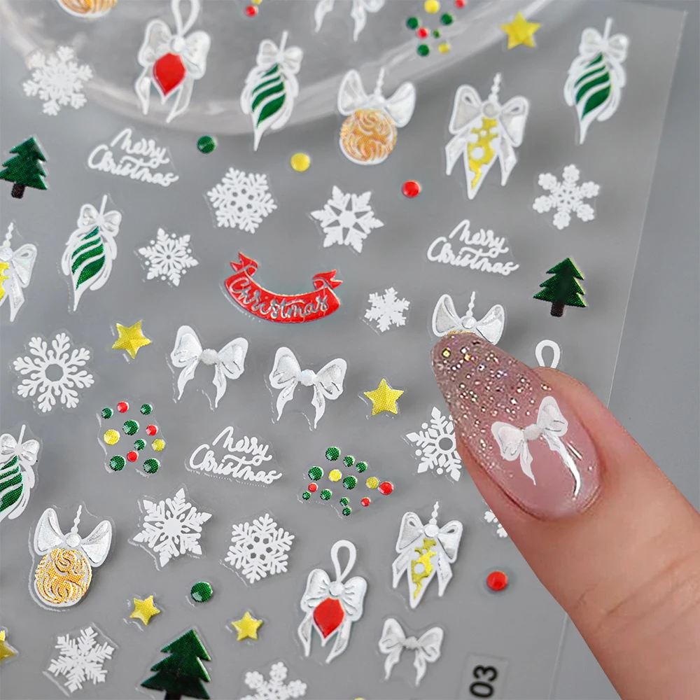 สติกเกอร์ติดเล็บลายคริสต์มาส 5D 1 ชิ้น ลายโบว์สีขาว เกล็ดหิมะ ลายนูน ต้นคริสต์มาส  แบบนูนต่ำ สำหรับตกแต่งเล็บ
