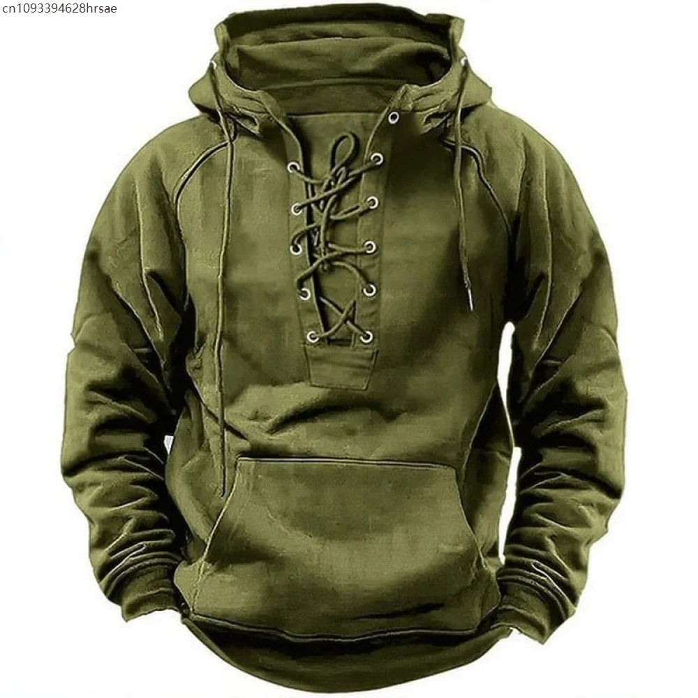 

Men Drawstring Sweatshirt Vintage Lace-up Hooded Loose Pullovers Shirts Autumn Winter Long Sleeve Hoodie Fitness Sportswear