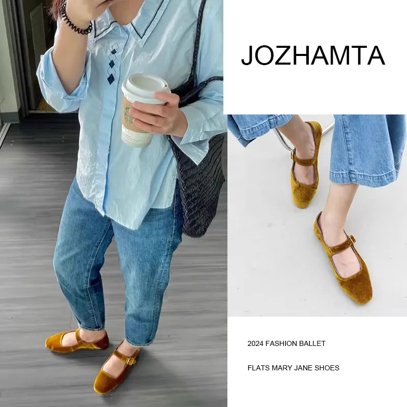 JOZHAMTA Size 34-39 Velvet Ballet Flats Shoes for Women Soft Leather Buckle Strap Low Heels 2025 Fashion Mary Janes Casual Dress