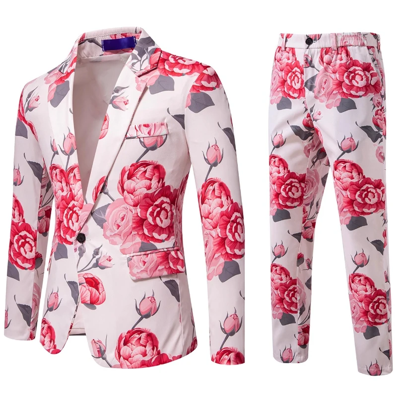 

2026 New Digital-Printed Rose Wedding Suits for Men, Red/Blue Rose Fashionable Casual Slim-Fit Men's Blazer + Pants 2-Piece Set