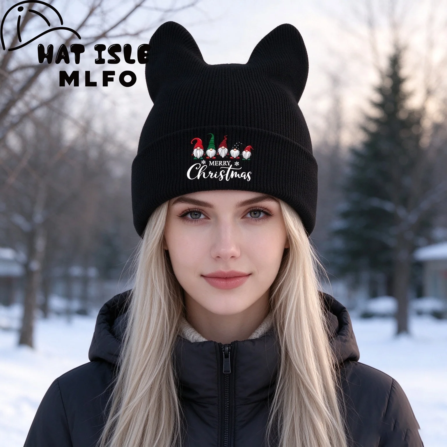 Adorable Festive Cat Ear Beanie, Christmas Gnomes Graphic Print, For Daily Casual Outing, Christmas Event & Family Trip