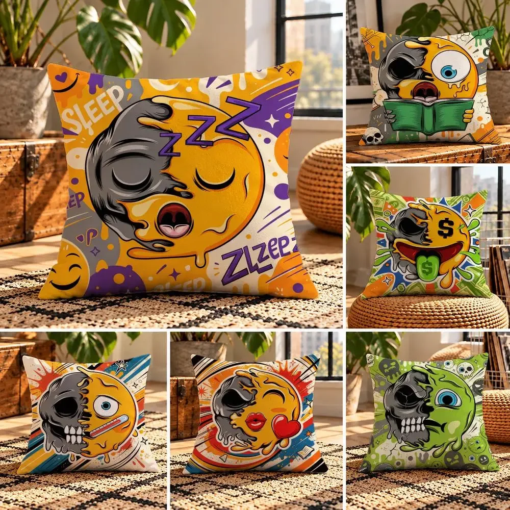 art Skull Emoji Melting Graffiti Cushion Cover Short Plush Throw Pillow Cover Soft Cozy Cushion Case for Sofa Bedroom Home Decor