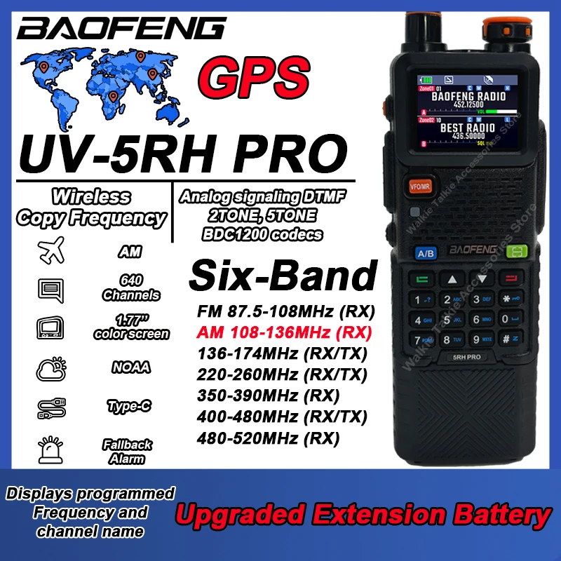 Baofeng UV-5RH PRO Walkie Talkie GPS Multi Band AM FM Type-C Wireless Copy Frequency Long Range 2Way Radio 5RH Extension Battery