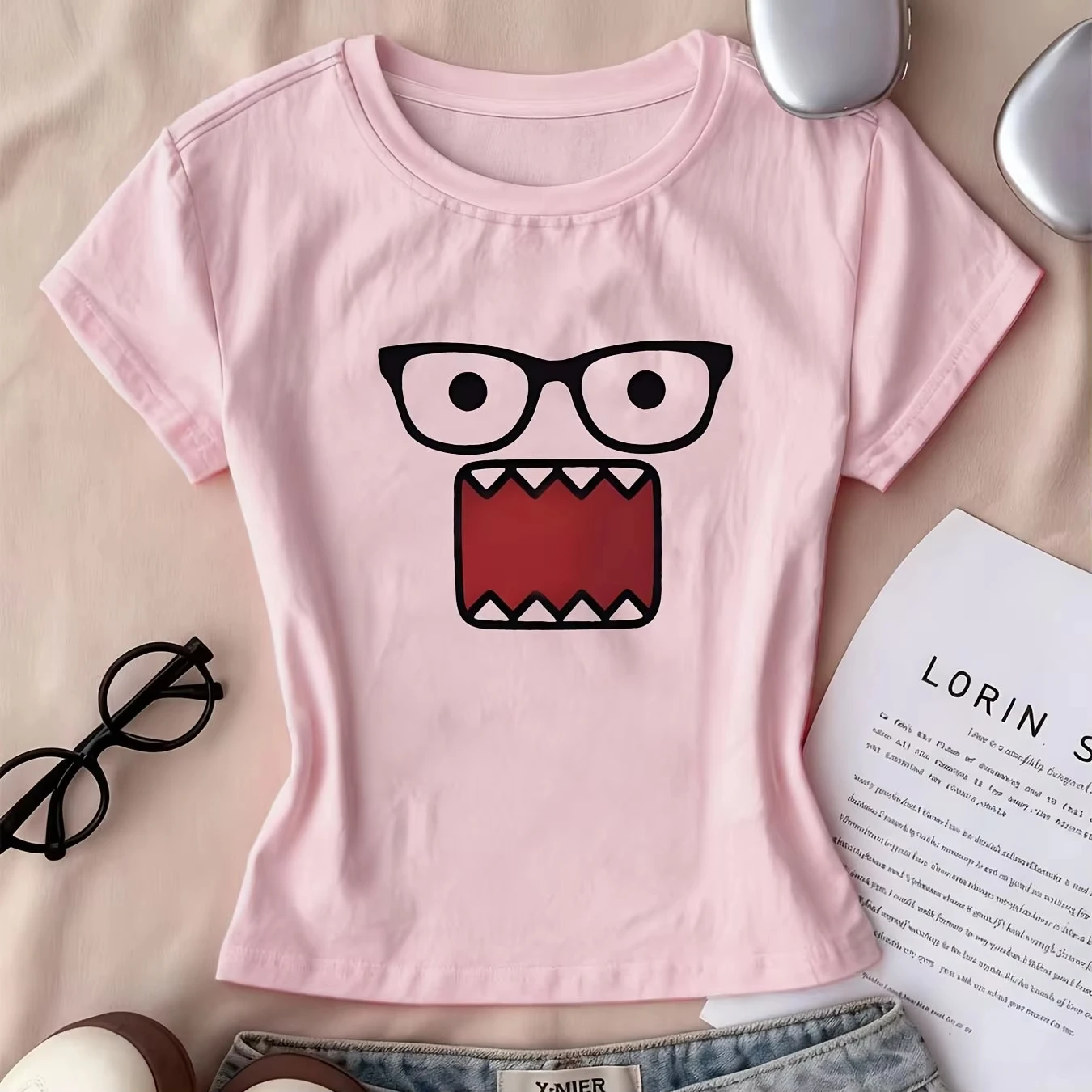 Latest Niche Funny Glasses Monster Sports Casual Plus Size Loose Pure Cotton Simple Cartoon Versatile Trendy T-shirt