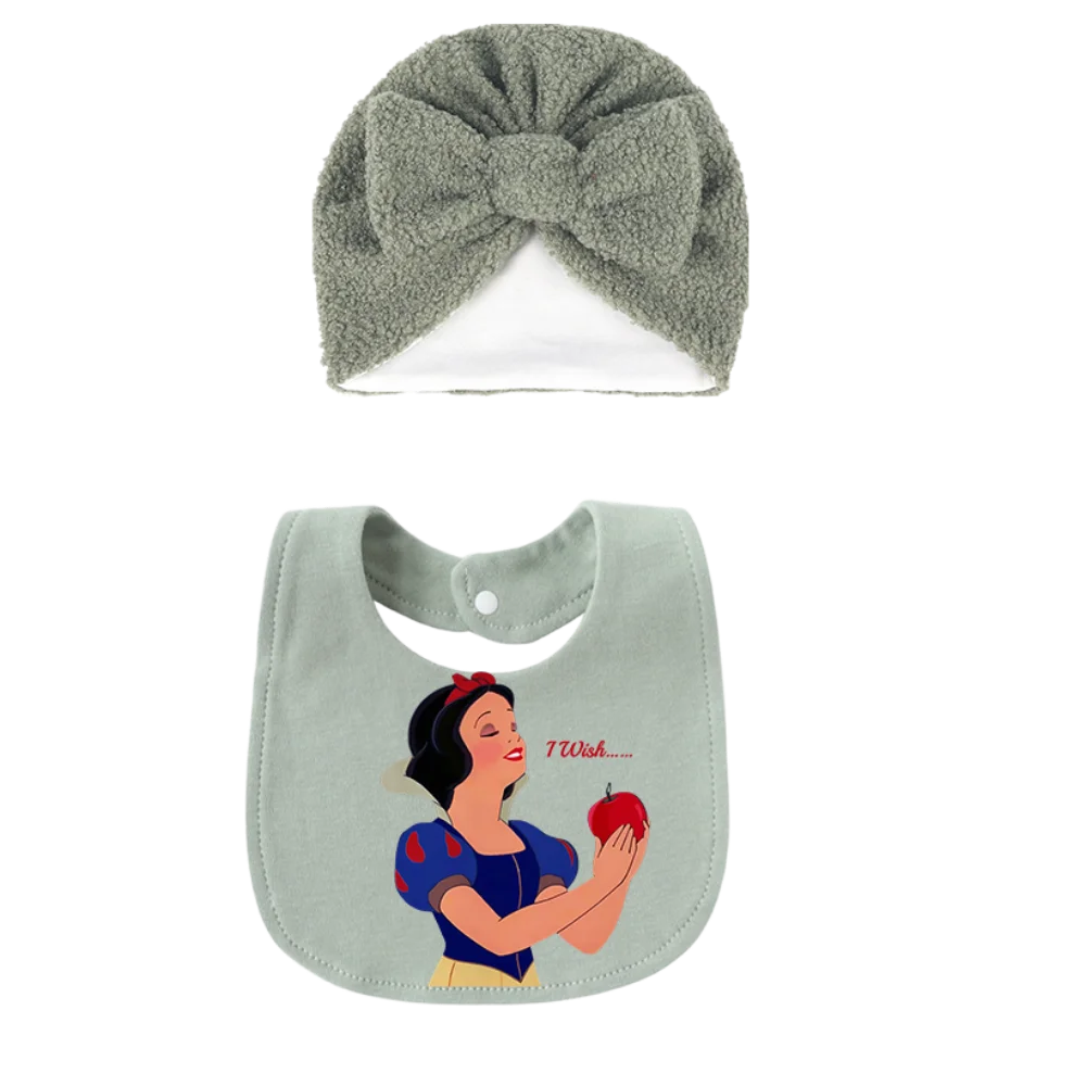 

Baby Bib and Hat Set - Princess Print Cotton Bib with Bow Knot Cap, Newborn Feeding Accessory & Photo Prop