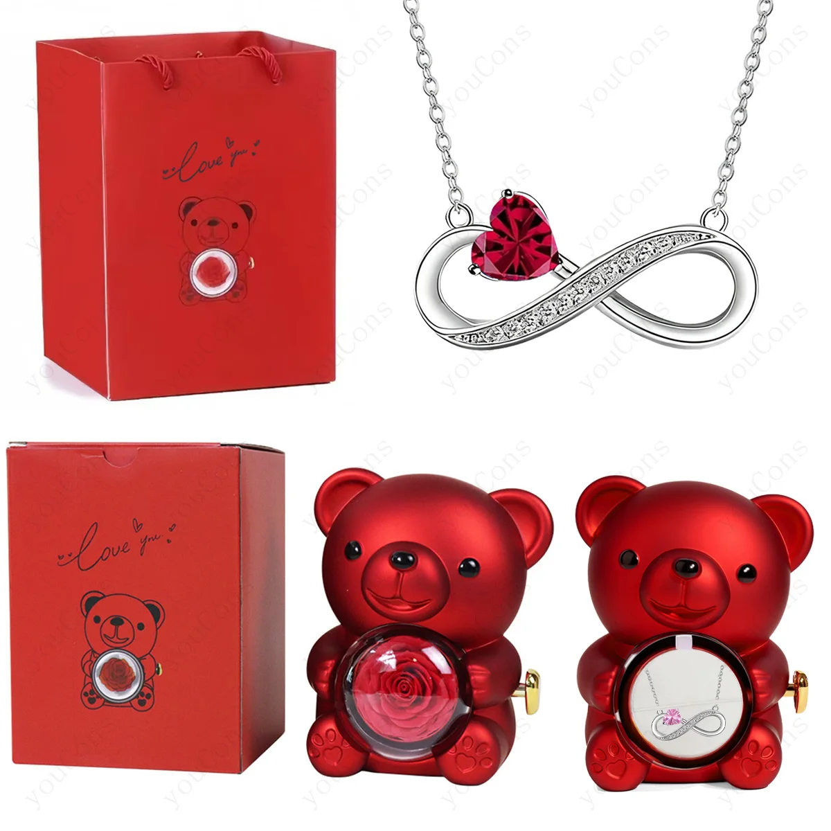 Red Heart Pendant Necklaces With Cute Bear Rose Flower Gift Box For Mother Day Women 2026 Valentine Christmas Jewelry
