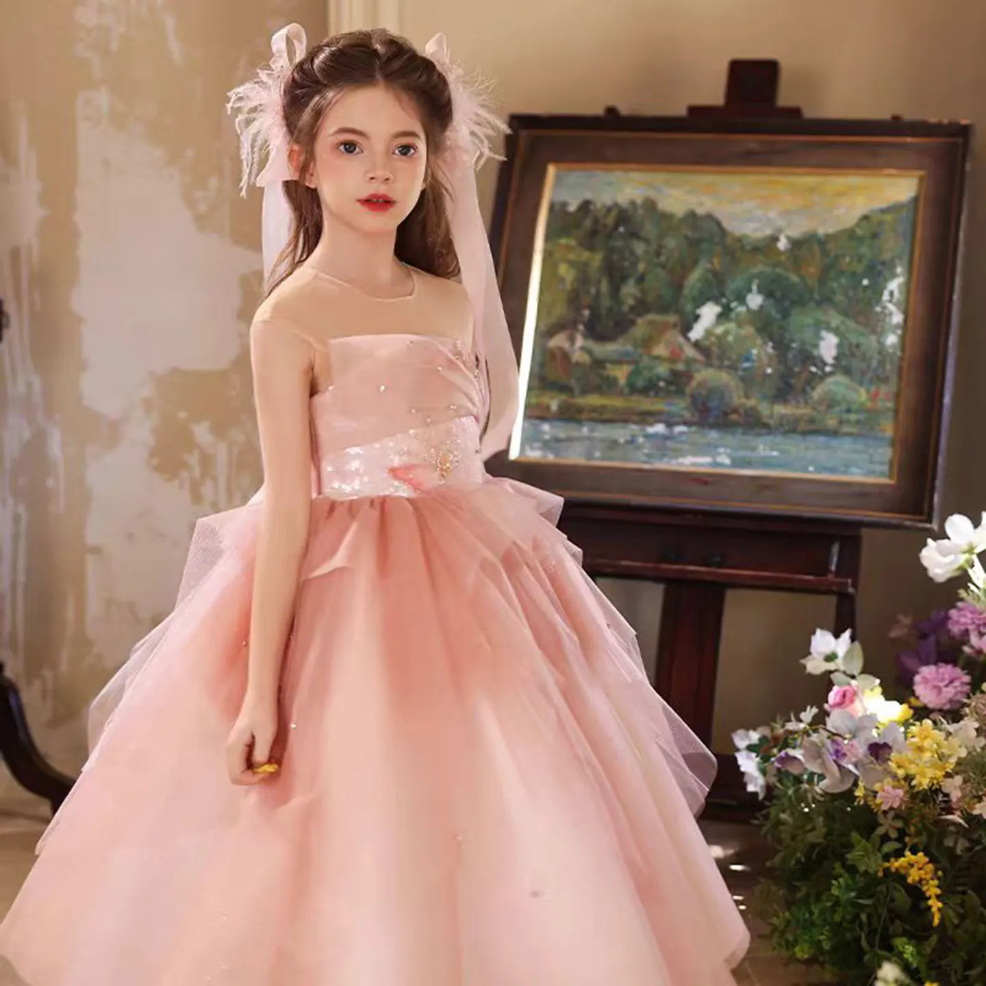 Jill Wish J527 Elegantes rosa Perlen-Blumen-Mädchenkleid mit Schleife, Pailletten, A-Linie, Prinzessin, Hochzeit, Geburtstag, Party, Abendkleid