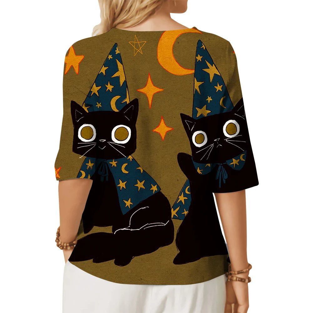 CLOOCL Women T-shirt Halloween Cat Pattern 3D Printed Button Decorate Crew Neck Middle Sleeve Tee Casual Blouse Kawaii Tops