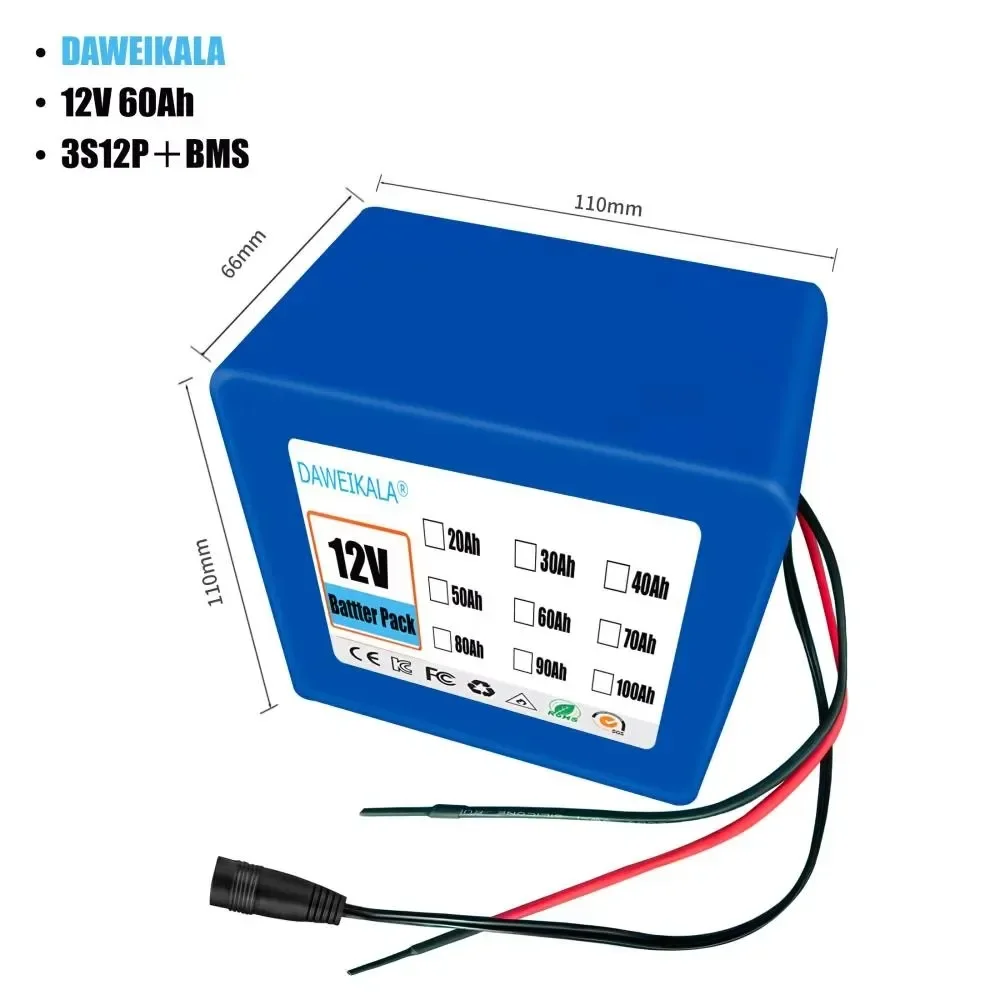 100% New 12V 3S12P Protection Plate12V 60Ah Battery Pack 12V 60000mAh 18650 Lithium ion DC 12.6V Super Rechargeable Battery