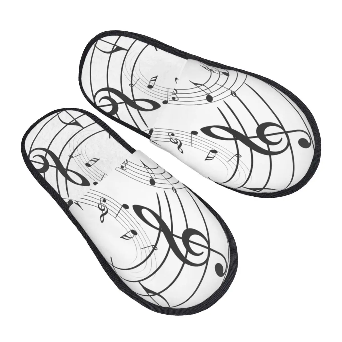 Winter Women Men Non-Slip Flat Slippers Music Notes Print Indoor Fur Soft Warm Shoes