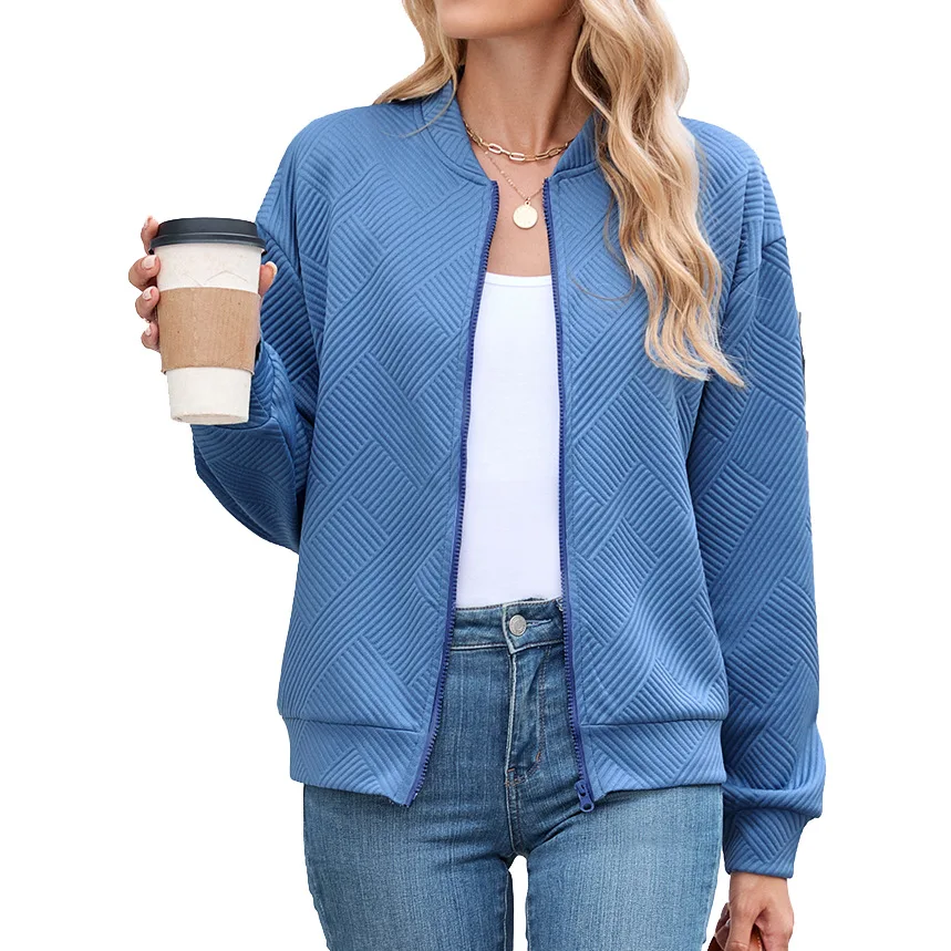 

2025 Spring Autumn Women's Sweatshirt Solid Color O-Neck Fashion Zipper Loose Long Sleeve Baseball Zipper Jacket