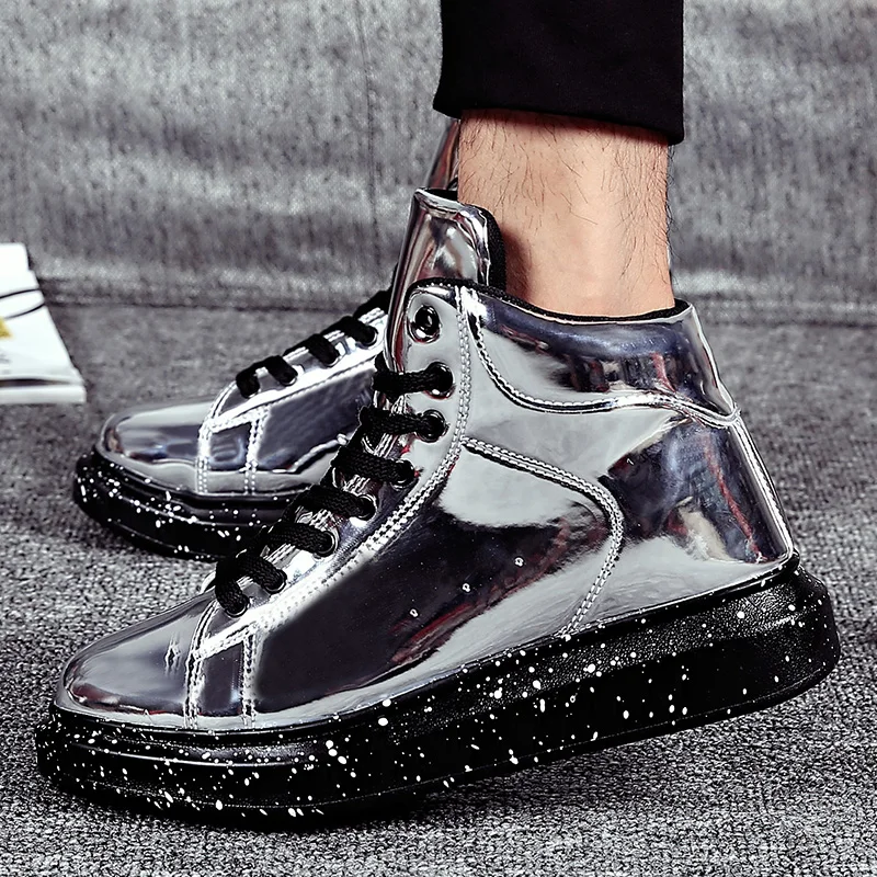 Fashion Silver Glitter Unisex Platform Sneakers 2024 Spring Comfort Lace-up Men High Top Sneakers Leather Anti-slip Men Boots