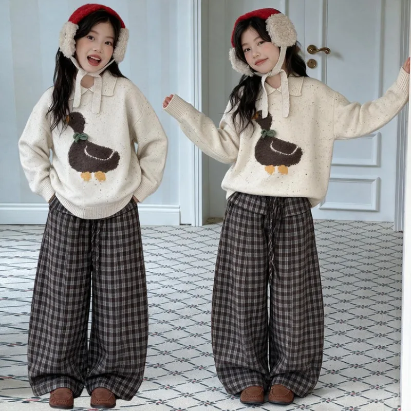 Children's clothing 2026 Spring and Autumn Winter Duck Jacquard Apricot Sweater and Checkered Pants Warm