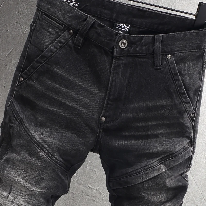 Street Fashion Men Jeans Retro Black Gray Stretch Slim Fit Ripped Jeans Men Spliced Designer Hip Hop Denim Biker Pants Hombre
