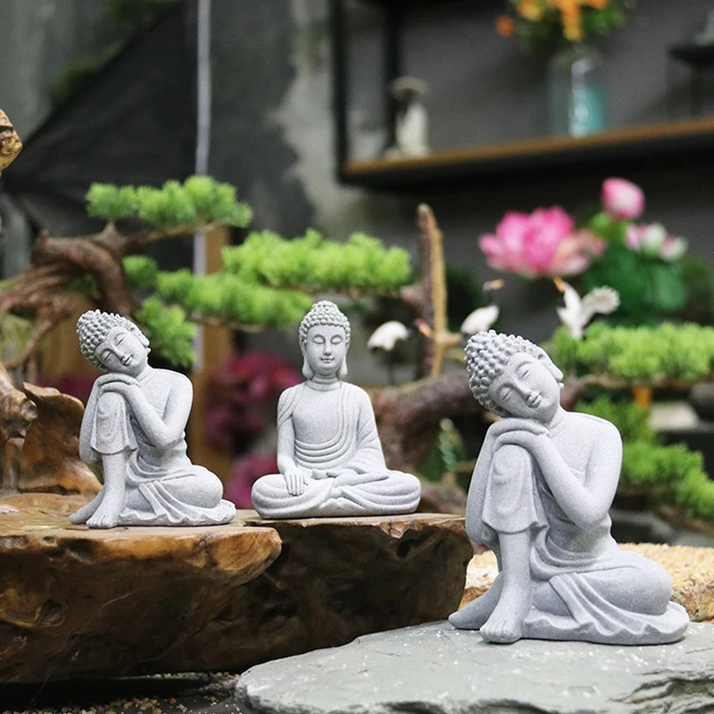 부처님 동상 물고기 탱크 장식 미니 불교 입상 데스크 토퍼 Tablescape 장식 홈 선 동상 녹색 사암 태국