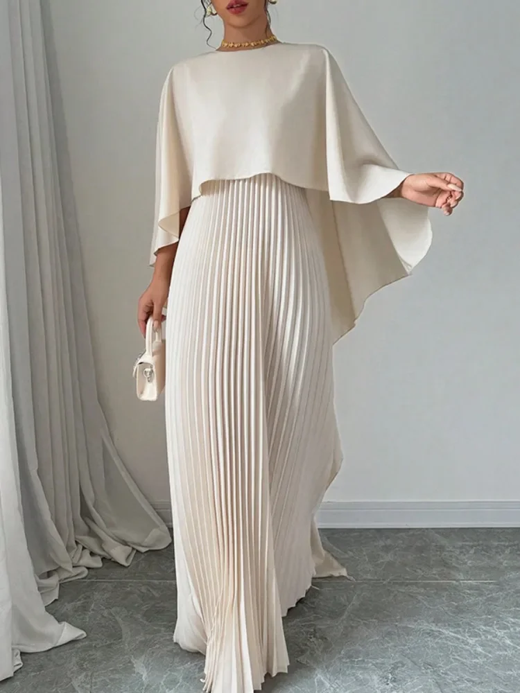 Lemongor Fashion Solid Color Pleated A-line Long Dress For Women 2024 New Autumn Cape Sleeves O-Neck Party Evening Maxi Dresses