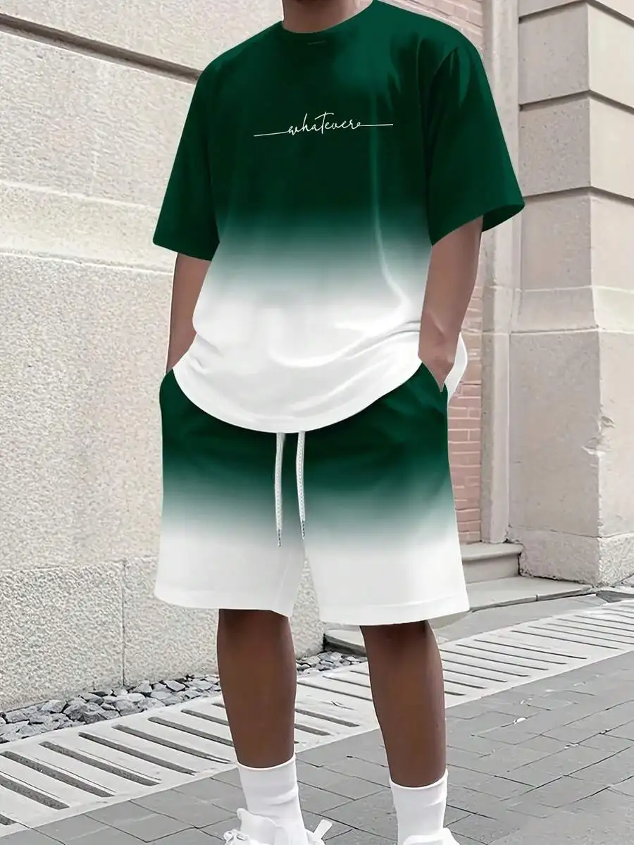 

Green White Gradient Print Mens Two-Piece Set Casual Summer Outfit