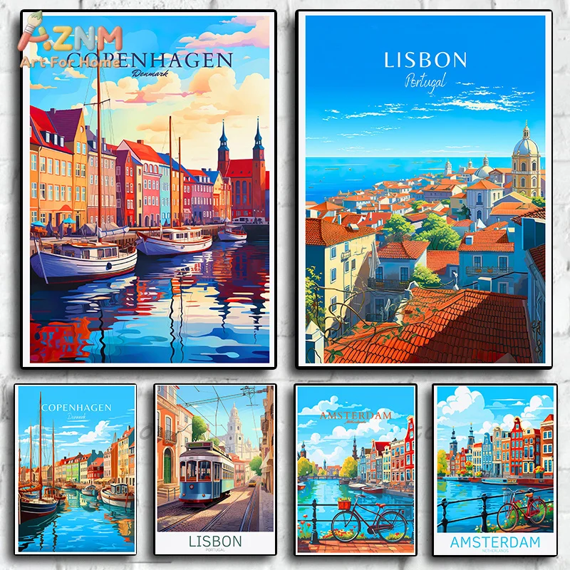 AZNM Frameless Canvas Poster Europe City Travel Print, Copenhagen Lisbon Amsterdam Canal Town Vintage Landscape Tourism Wall Art