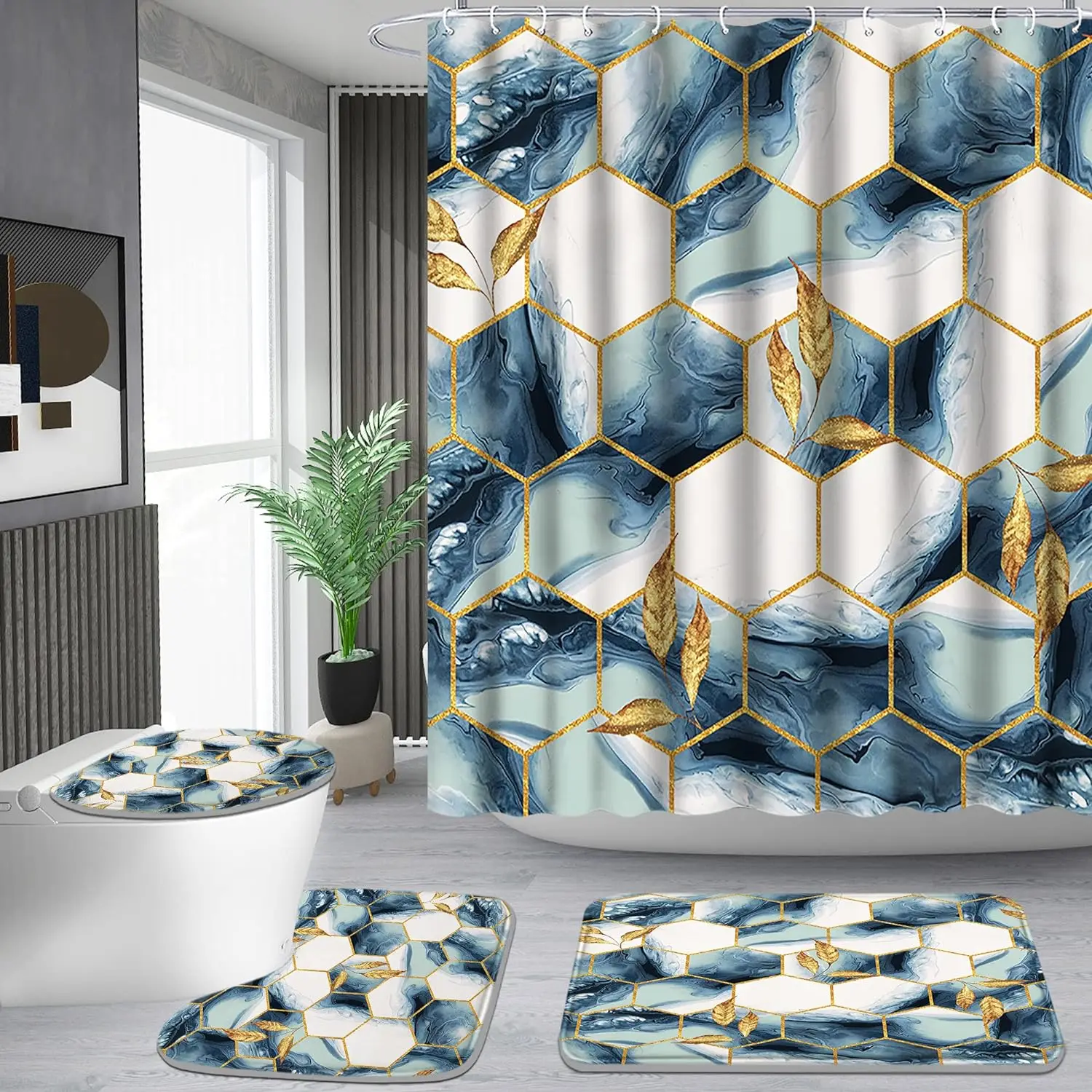 

Marble Geometric Hexagonal Shower Curtain Carpet Toilet mat Bathroom Decor Waterproof Fabric Bathroom Curtain set