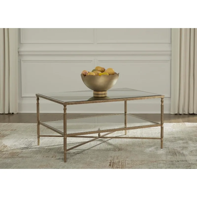 Coffee Table Made with Metal and Glass Frame with Aged Goldtone Finish