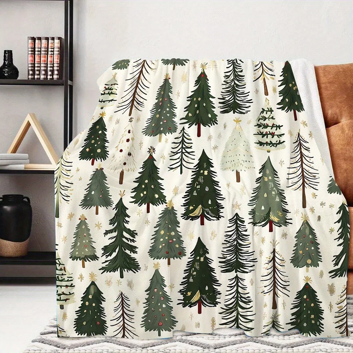 1pc Christmas Tree Print Blanket - Soft Flannel All-Season Cozy Throw with Green Pine Trees & Golden Stars, Machine Washable Mod
