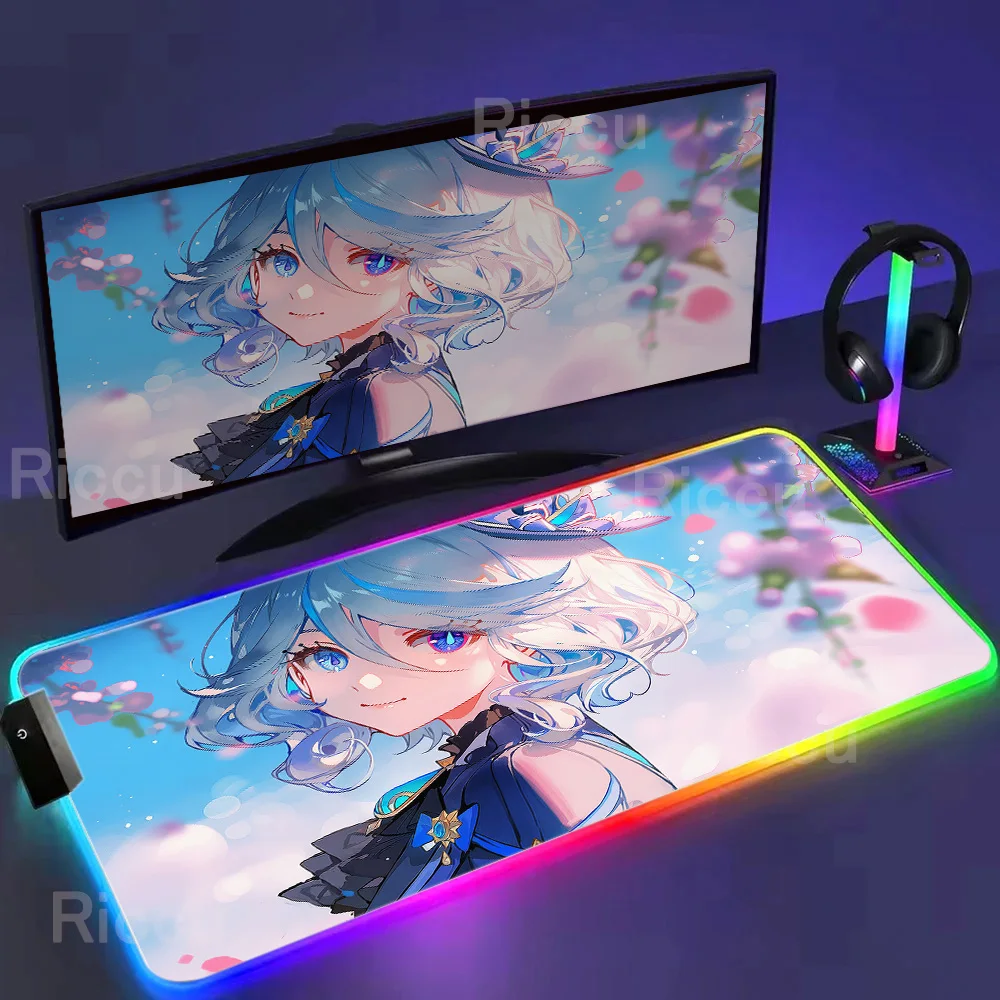 New Pretty Wallpaper Genshin Impact Furina Anime Mouse Pad LED PC Kawaii Girl Mousepad Cabinet Keyboard Pads RGB Gaming Desk Mat