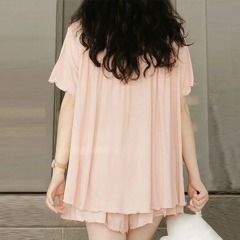 Women Frech Style Pajamas Set Female Solid Ruffles Short Sleeves Pant Home Suit Girl Loose Casual Sweet Loungewear Plus Size 4XL