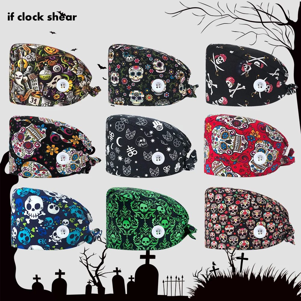 Scrub Nurse Hat con bottoni berretto chirurgico stampa Halloween Scrub Cap moda Multicolor infermiera Scrub Cap regolabile fasciatura turbante