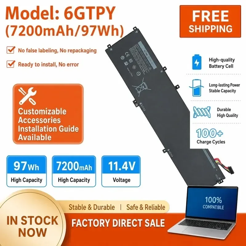 [NEW] 11.4V 97Wh Laptop Battery 6GTPY H5H20 for Dell for XPS15 9560 9570 for Inspiron 7590 7591 Notebook Battery
