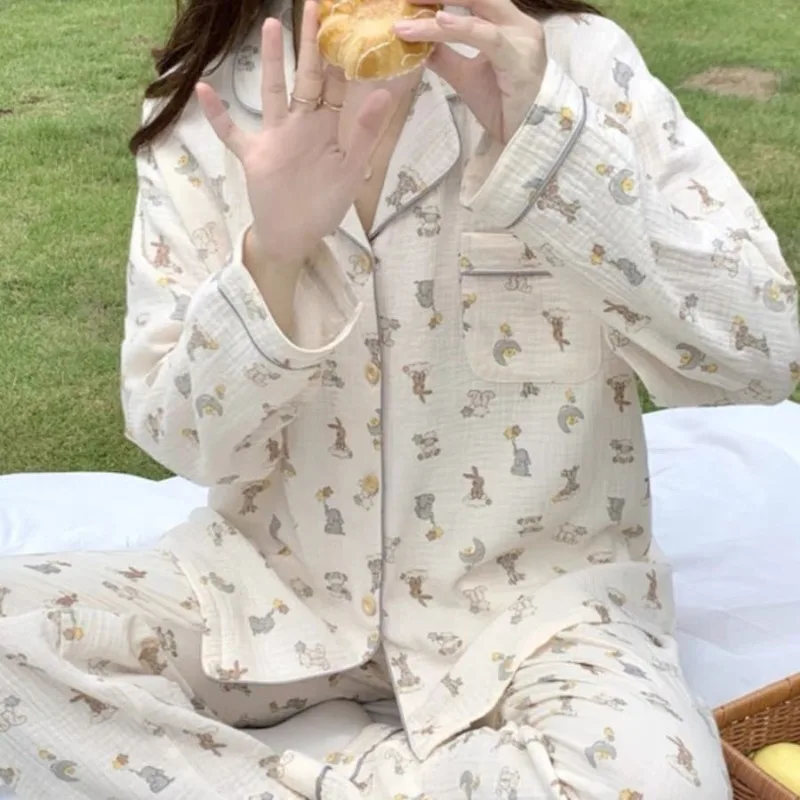 Ins Style Sweet  Lovely Big Star Pajamas Women Spring Autumn Long Sleeves and Pants Cartoon High Appearance Level Home Wear Set