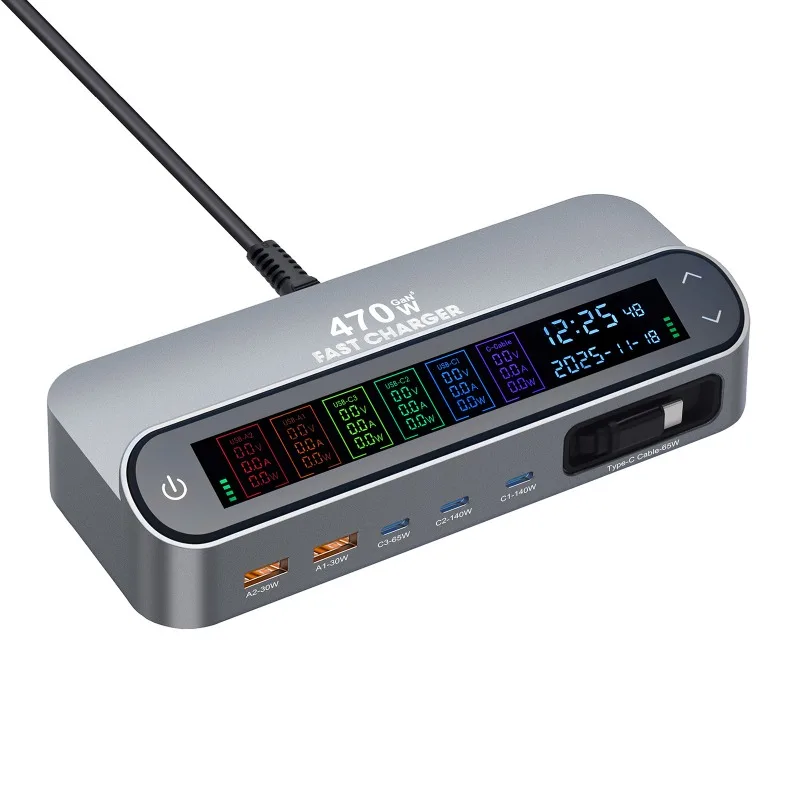 New telescopic cable desktop charger, digital display gallium nitride PD charger
