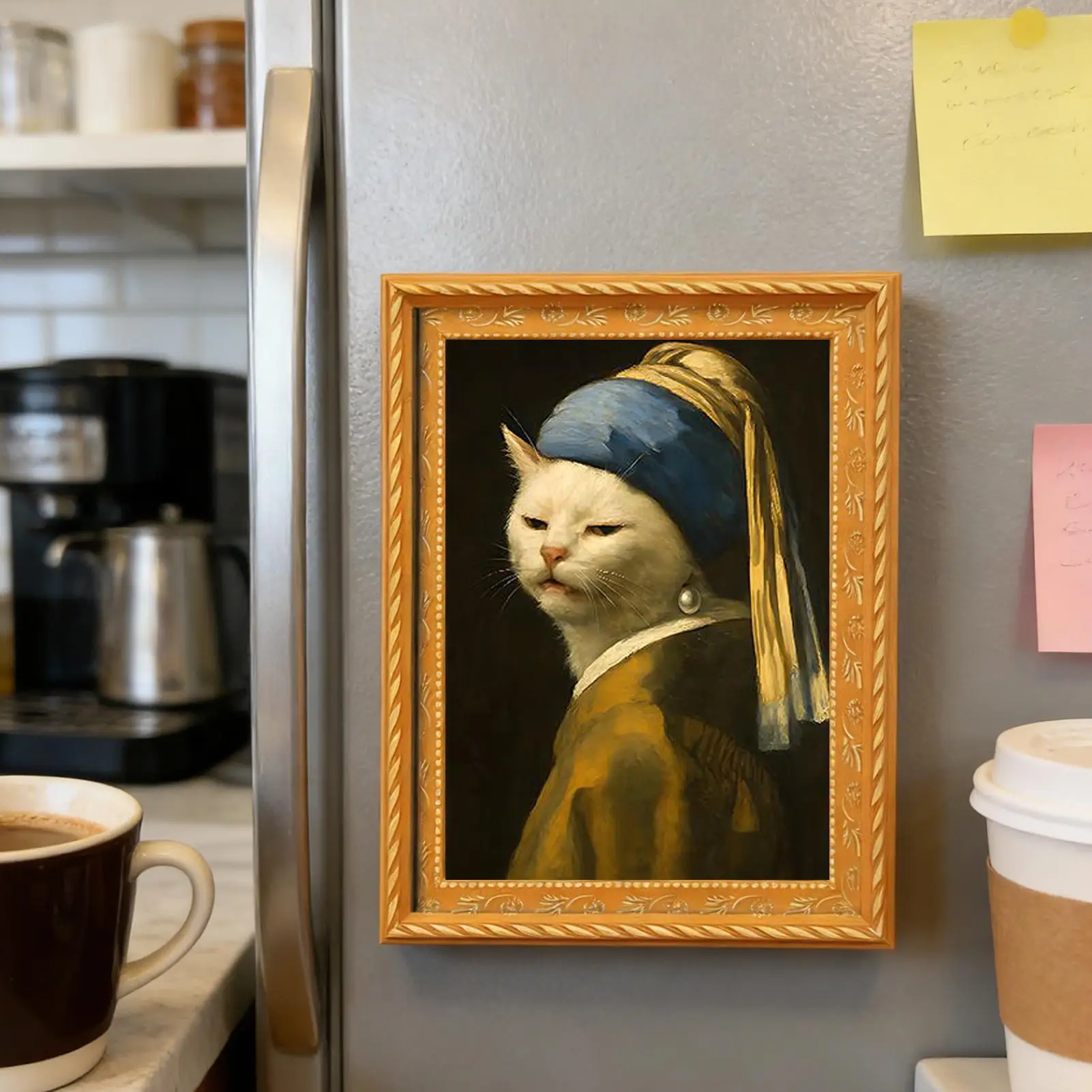 Cat Magnets Oil Painting Cats Sticker Wooden Frame Decorative Magnets for Home Kitchen Playroom School Workplace Locker