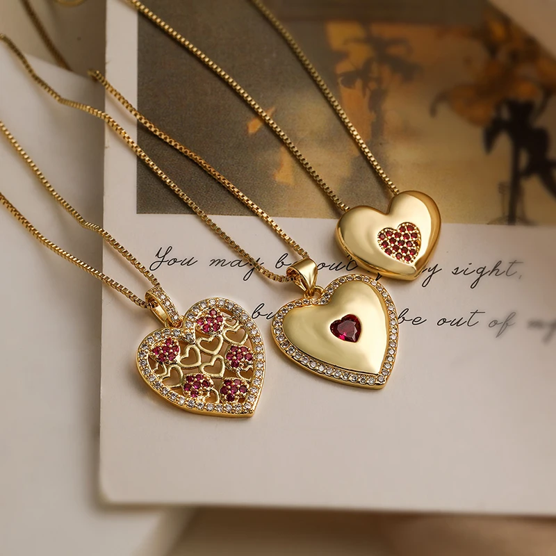 GANPUP Stilvolle Elegante Funkelnde Herz-Halskette mit Rotem Zirkonia-Anhänger für Damen, Modische Schlüsselbeinkette, Choker-Schmuck, Geschenk – Detail 3
