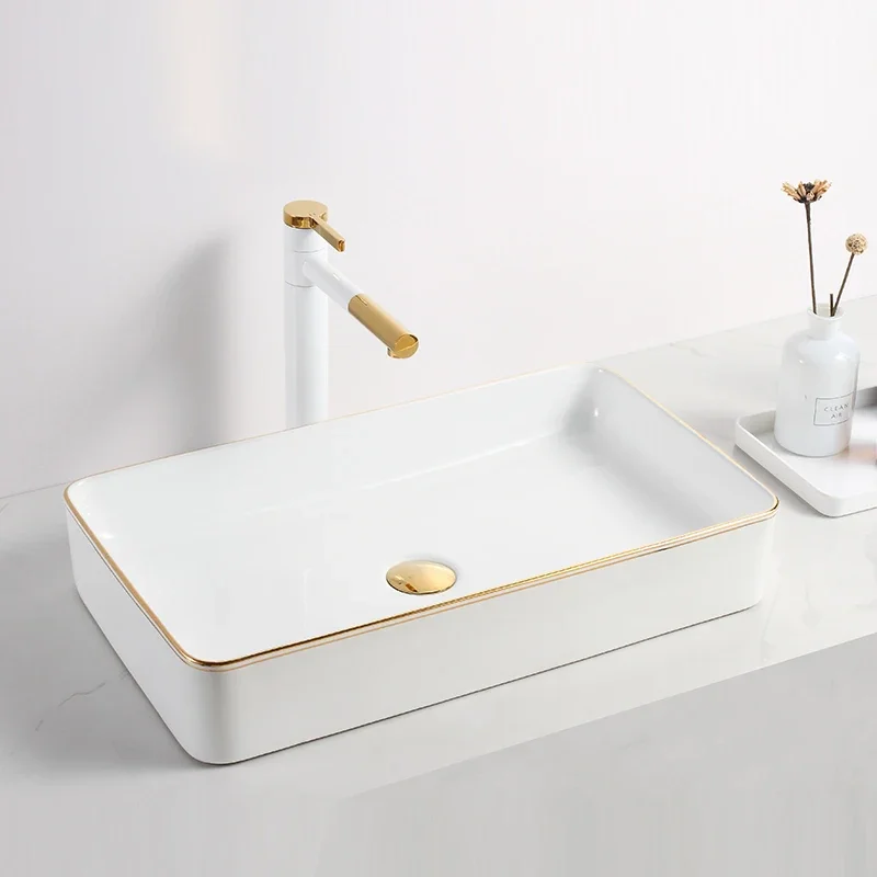 European style art basin on stage, rectangular ceramic basin, thin edge washbasin, washbasin, fashionable colored gold washbasin