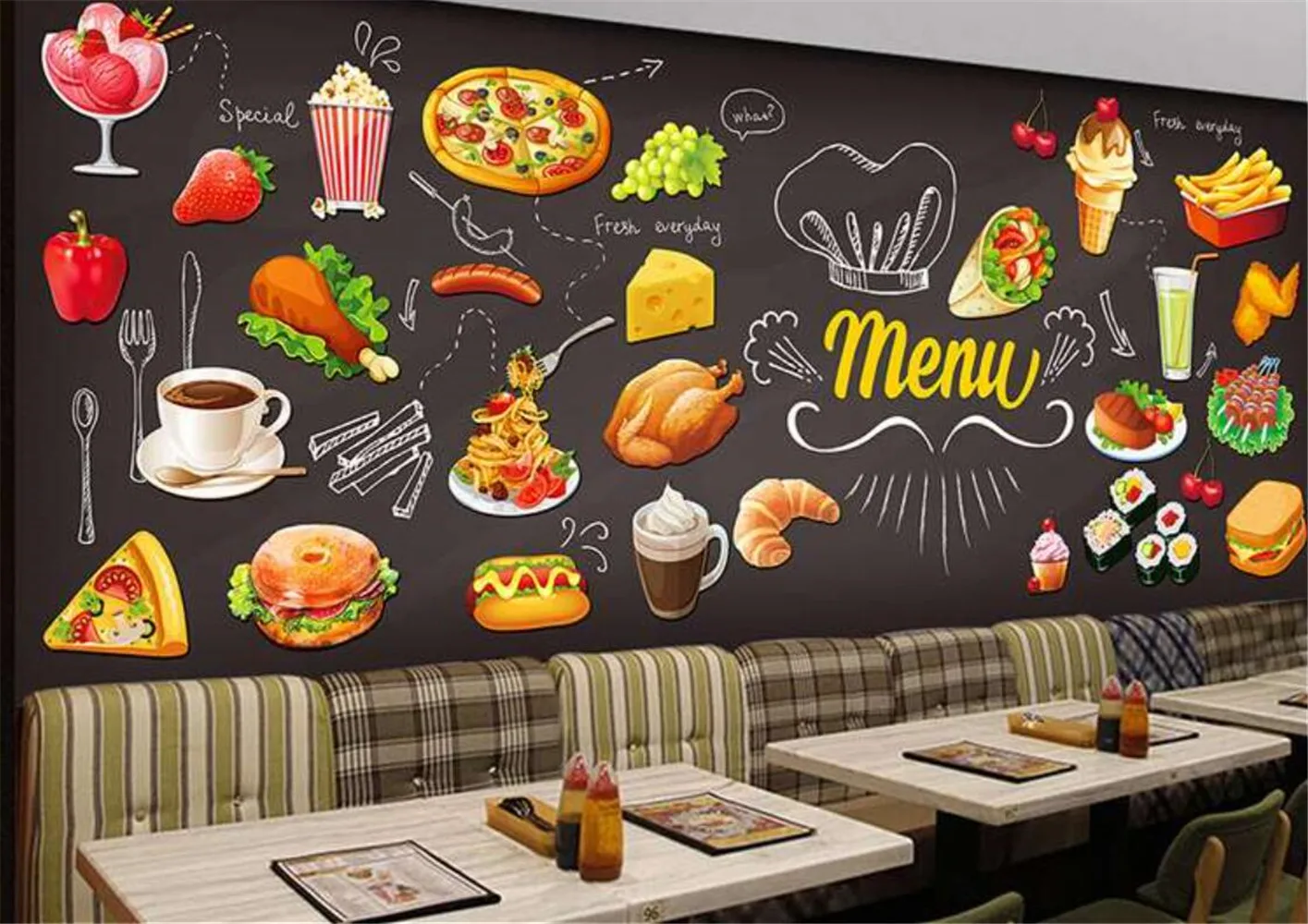 Vintage hand-painted graffiti coffee western restaurant mural hamburger dessert pizza background 3d wallpaper papel de parede