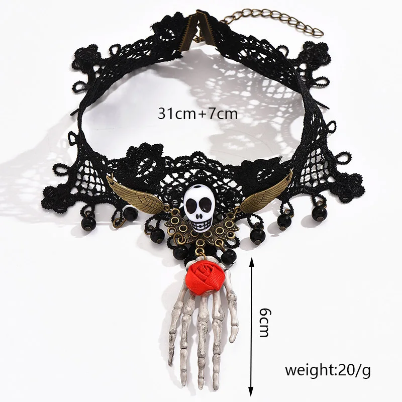 KMVEXO Gothic Black Beaded Flower Palm Sexy Lace Skeleton Choker Necklace Vintage Tassel Chain Women Steampunk Halloween Jewelry