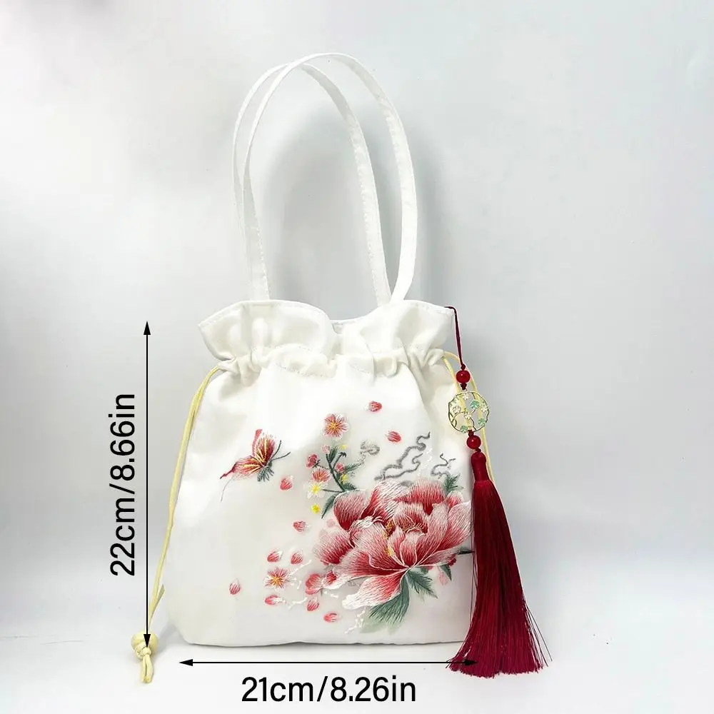 Handmade Suede Embroidered Flower Drawstring Bag Elegant Top Handle Ethnic Style Small Bucket Bag  Jewelry Pocket Women