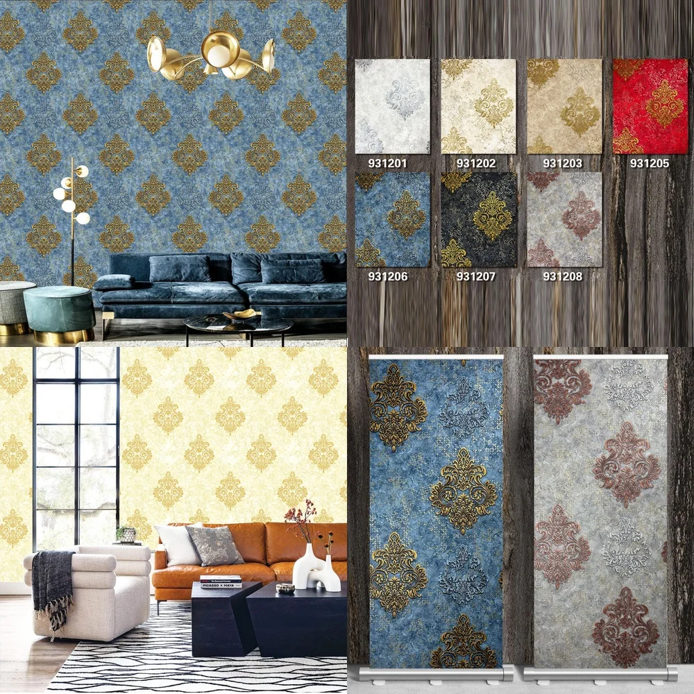 European Embossed Damascus Wallpaper Factory PVC Waterproof Wallpaper for Living Room Bedroom TV Background Wall