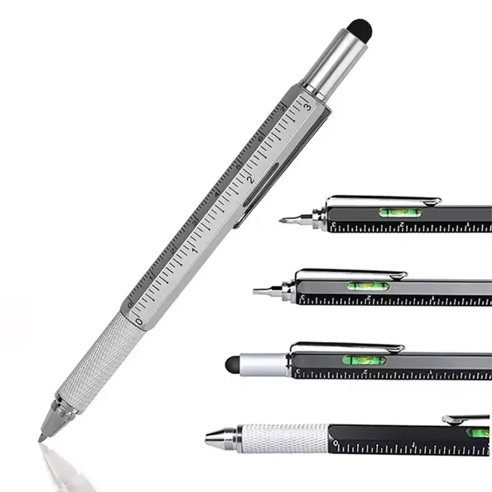7 in 1 Multifunctional Pen Touch Screen Stylus Capacitive Pen with Screwdriver Ruler Levelgauge Refillable Ballpoint Pencil Tool