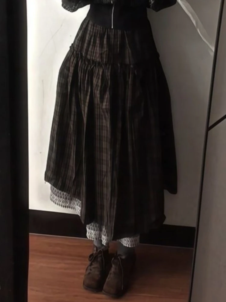 일본 2피스 세트 여성 슬래시 넥 체크 무늬 그랜지 지퍼 블라우스 + 빈티지 하이웨이스트 러플 스커트 Y2K 감성 의상