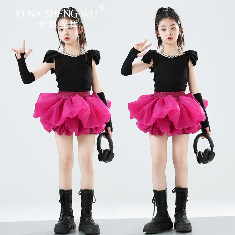 Meninas traje de dança jazz preto topos rosa saia curta conjunto crianças hip hop dança de rua t-stage modelo mostrar roupas de moda