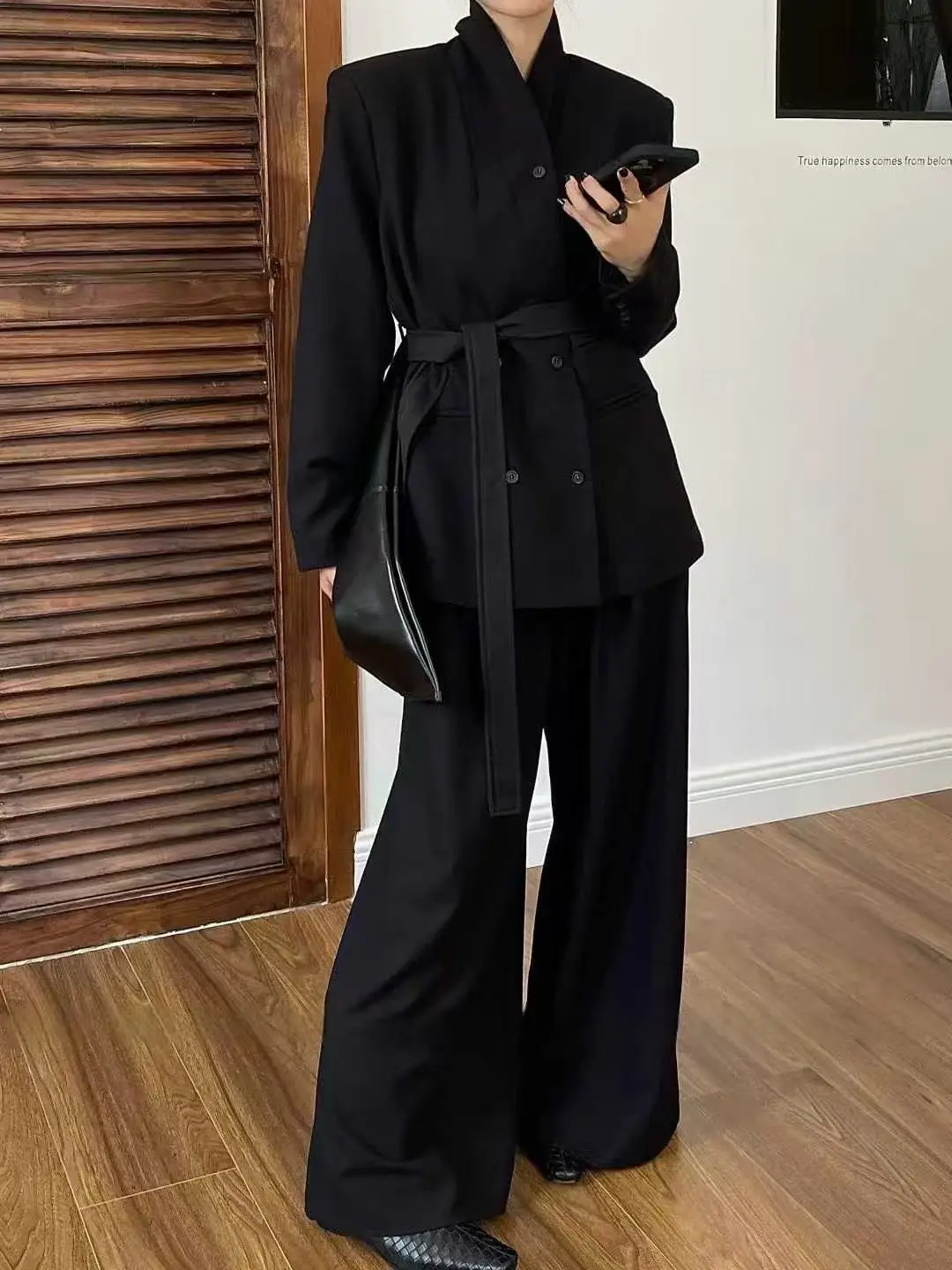 BJTZ الدانتيل متابعة التعادل الخصر سترة مجموعة للمرأة 2025 الخريف جديد واحدة الصدر معطف و عالية الخصر بنطال ذو قصة أرجل واسعة قطعتين مجموعة