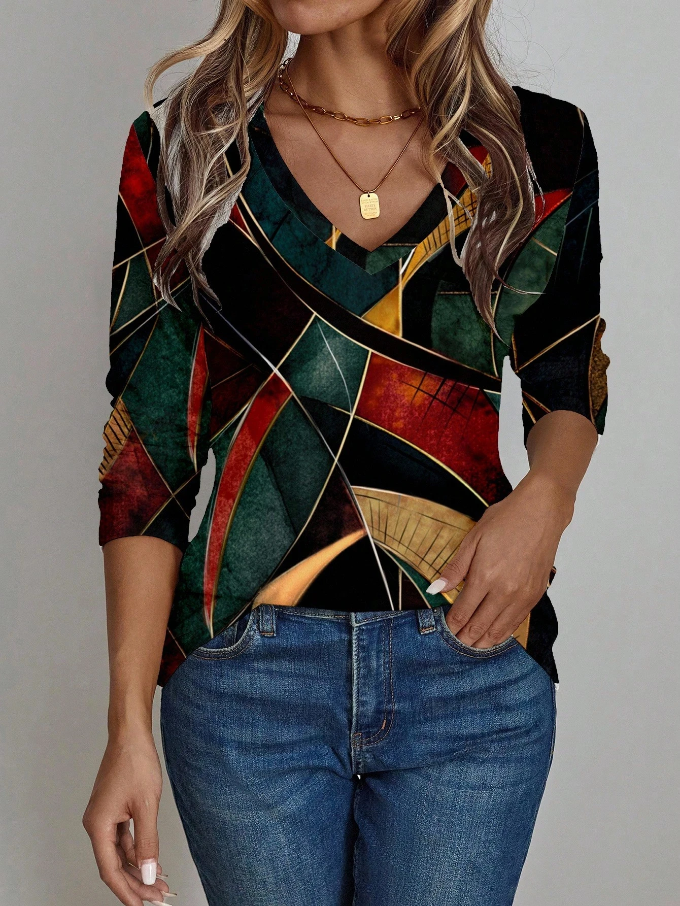 Damen 3D Retro Blumendruck V-Ausschnitt Langarmshirt Schlankmachendes Polyestergewebe Frühling und Herbst Lazy Style Top